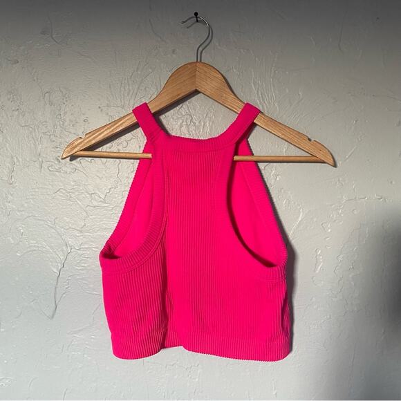 Aerie Workout Halter Ribbed Soft Neon Barbie Pink Crop Tank Top Build in Bra XL - Picture 3 of 8